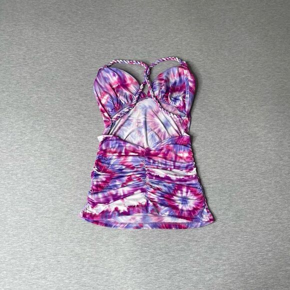 GUESS Women’s Tie-Dye Open Back Knotted Racerback Padded Plunge Top - Picture 2 of 12